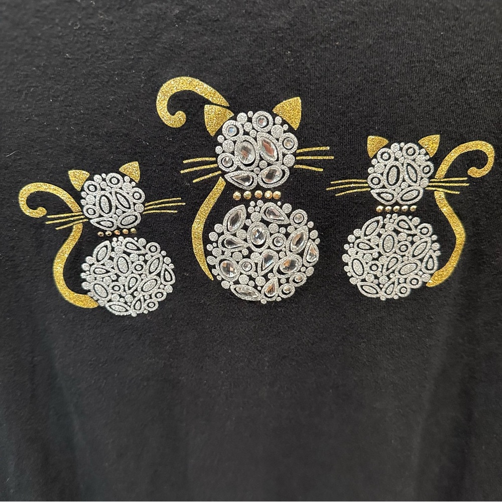 Karen Scott Sparkly Gem Cats Metallic Gold 3/4 Sleeve Boatneck Top Women size L - Picture 3 of 5